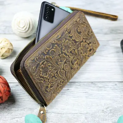 Women's Leather Zip Wallet with Flower Embossing , Real Leather, Same Day Shipping, Free Shipping US