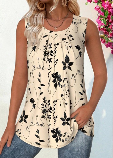 Modlily Beige Breathable Floral Print Sleeveless Round Neck Tank Top - S