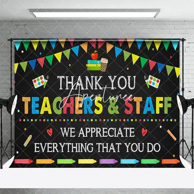 Aperturee Color Flags Black Thank You Teachers Staff Backdrop, 3X2FT(1MX0.6M), 14 USD, thank you backdrops, AHF434A-M