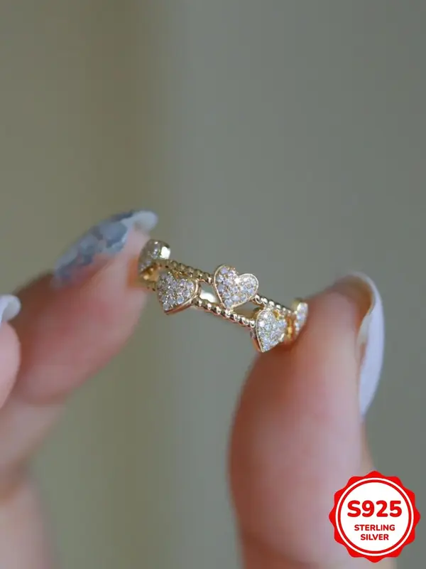 S925 Sterling Silver Fashionable Heart Design Ring, Artificial Zircon Decorated Ring for Women, Trendy All-match & Exquisite ...