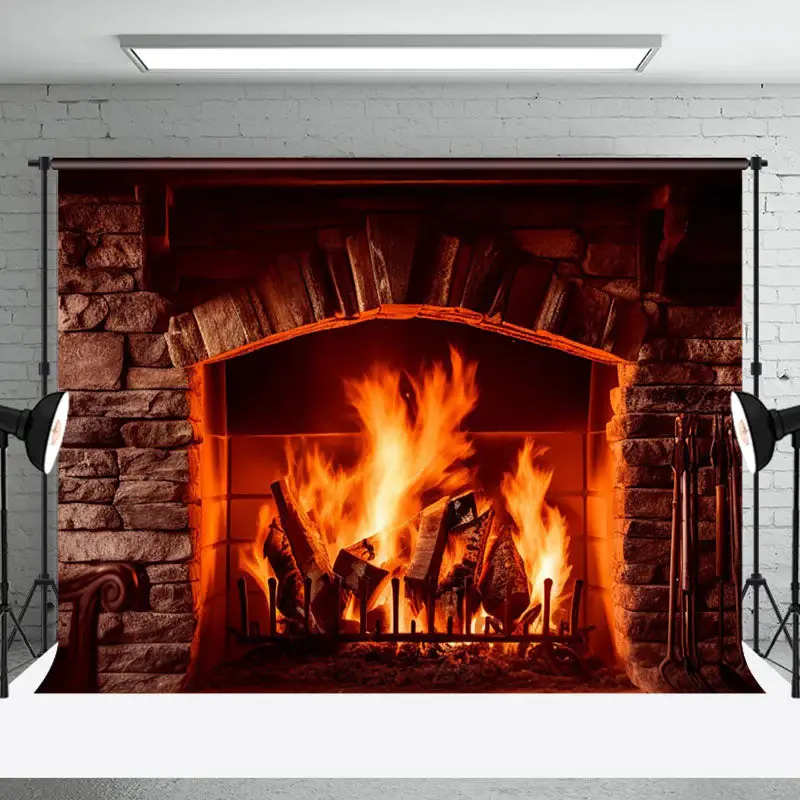 Aperturee Cozy Stone Fireplace Glowing Flames Christmas Backdrop - Aperturee