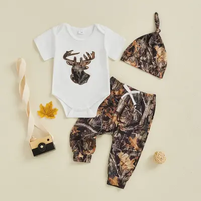Baby Boys Summer Outfits Deer Antler Print Round Neck Short Sleeve Rompers Long Pants Hat 3Pcs Clothes Set