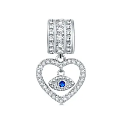 Sterling Silver Round Cubic Zirconia Evil Eye & Heart Pendant Charms