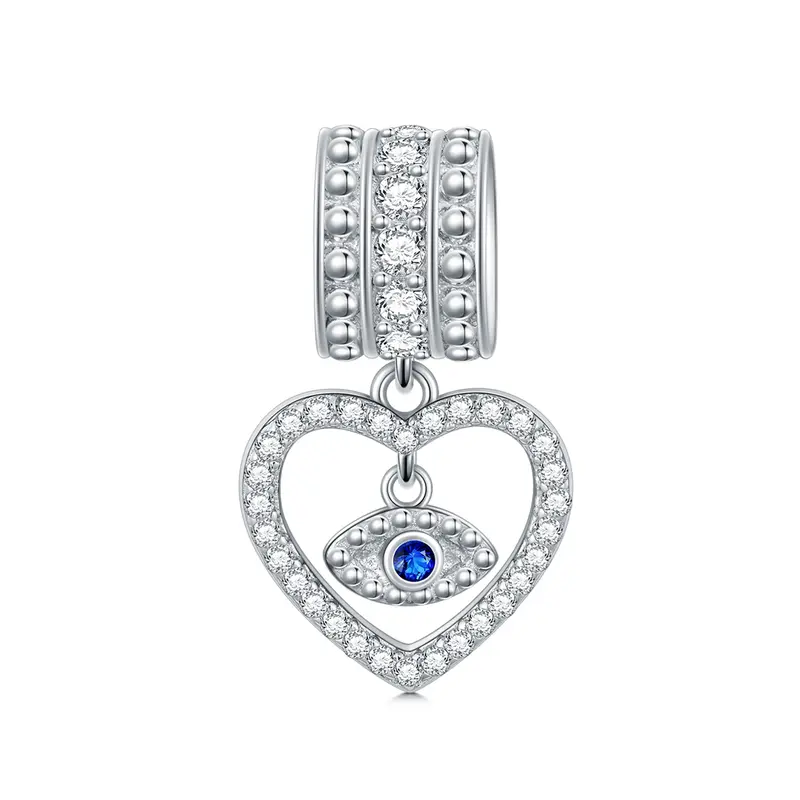 Sterling Silver Round Cubic Zirconia Evil Eye & Heart Pendant Charms
