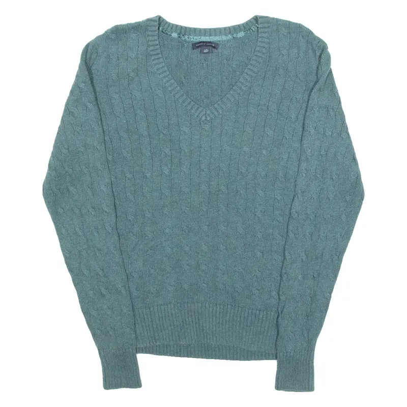 TOMMY HILFIGER Womens Jumper Green V-Neck Cable Knit L