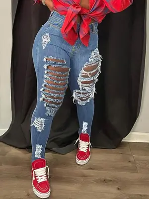 Women's Plain Ripped High Waist Skinny Stretchy Jeans, Fashion Casual Denim Pants for Daily Outdoor Wear, Ladies Bottoms for ...