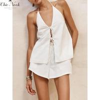 Women's Summer Outfit, Halter Neck Tie Up Open Back Cami Tops Elastic Waist Shorts 2 Piece Solid Color Set