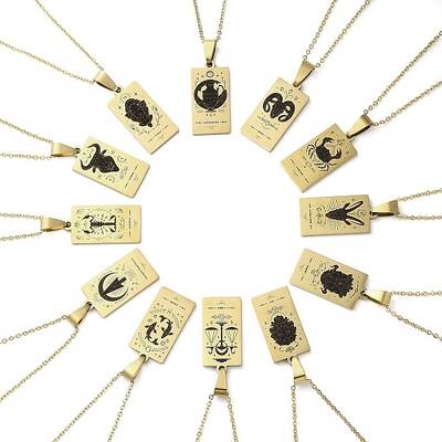 12Pcs 304 Stainless Steel Black Enamel Rectangle with Constellation Pendant Necklaces