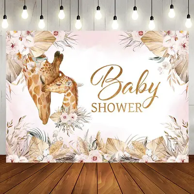 Pink Floral Leaves Boho Giraffe Baby Shower Backdrop - Aperturee