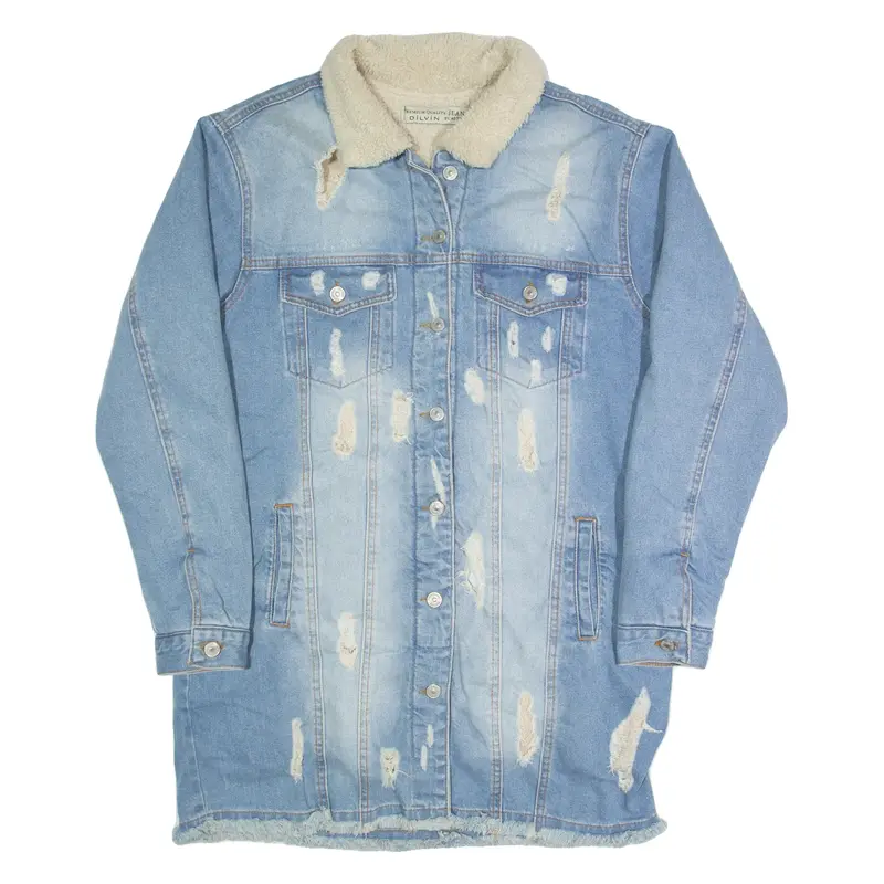 DILVIN Distressed Womens Sherpa Lined Denim Jacket Blue UK 12