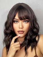 Women's 16 Inch Long Black Curly Wigs with Bangs, Heat Resistant Natural Looking Synthetic Hair Wigs for Party, Daily Use