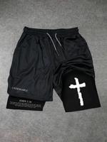 Men's Street Fashion Cross Print Knit Drawstring Shorts，2-in-1 Athletic Shorts，Perfect for Gym, Basketball & Beach Outing...
