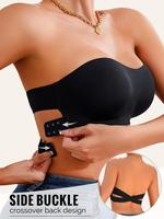 Women's Solid Color Buckle Side Criss Cross Bandeau Bra, Push Up Strapless Bra, Soft Comfortable Breathable Lingerie for Dail...