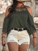 【Plus Size】 Solid Color Cold Shoulder Blouses, Casual Fashion Backless Top for Summer, Women's Plus Clothing for Daily We...