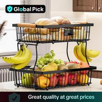 Kitchen Fruit & Vegetable Storage Rack, 2-layer Metal Storage Basket with Hook, Multifunctional Storage Rack for Kitchen & Ba...
