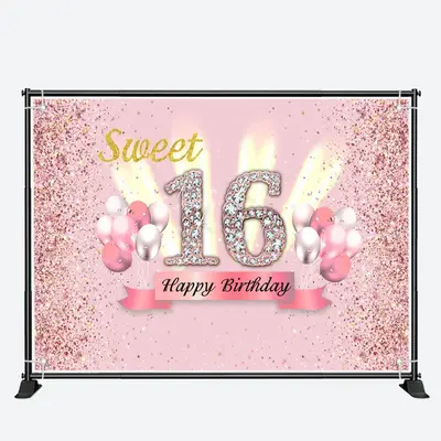 Pink Glitter Balloon Sweet 16th Birthday Backdrop - Aperturee