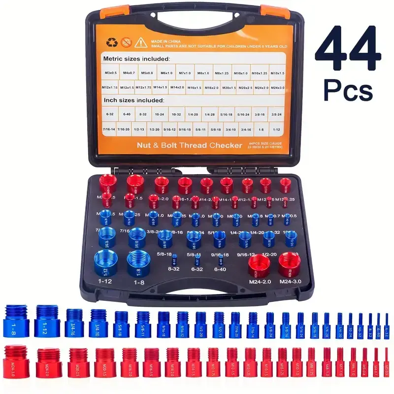 44Pcs Alloy Nut and Bolt Thread Inspector, Charge-Free Thread Gauge, Metric and SAE Size Identification Tool for Inspection o...