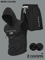 Two-Piece Set Men's Letter Print Hooded Tank Top & Shorts Set, Regular Fit Sleeveless Top & Shorts, Casual Summer Clothes Set...