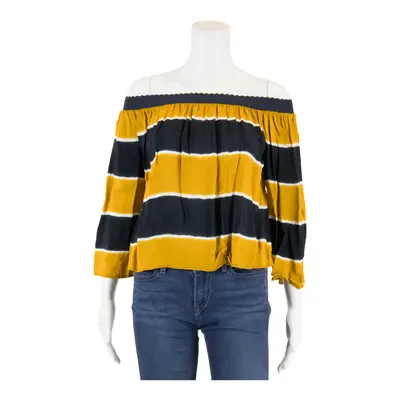 ZARA BASIC Off-Shoulder Yellow Striped 3/4 Sleeve Top Womens M