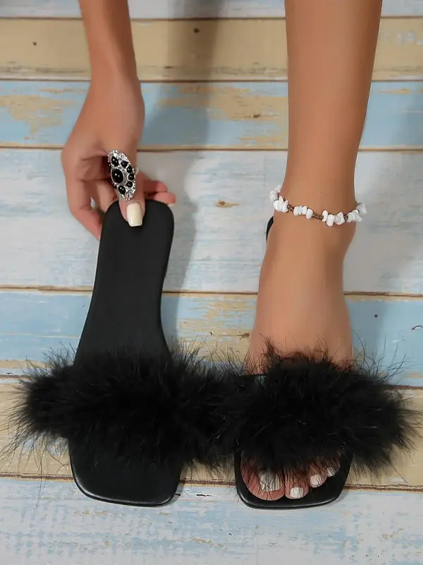 Women's Summer 2024 Solid Color Faux Fur Slide Sandals, Fashionable Open Toe Flat Sandals For Summer, Trendy All-match Slide...