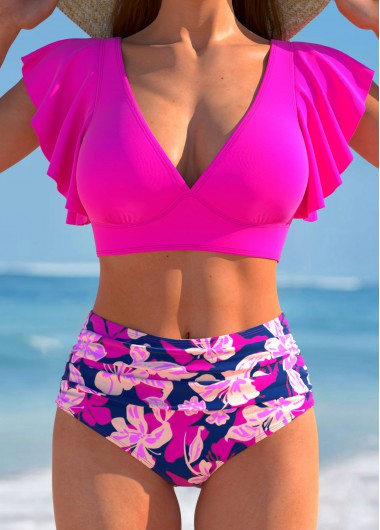 Modlily Ruffle Floral Print Hot Pink Bikini Set - S