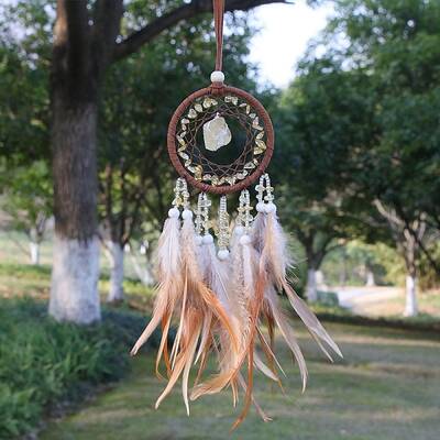 Natural Citrine Chips Woven Net/Web with Feather Pendant Decoration