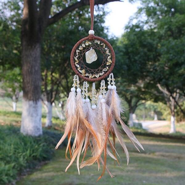 Natural Citrine Chips Woven Net/Web with Feather Pendant Decoration