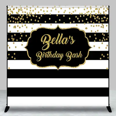 Aperturee Black White Stripe Custom Name Birthday Bash Backdrop - Aperturee