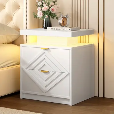 【FallDealsForYou】ONBRILL White Nightstand with Charging Station and LED Lights, Smart Night Stand, Modern Bedside Table w...