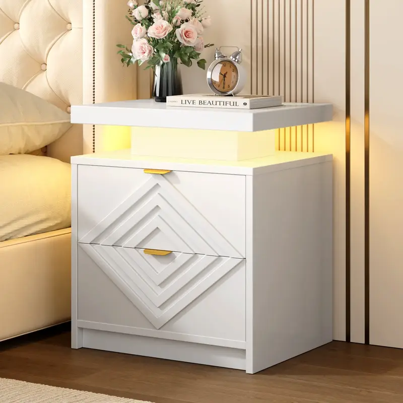 【FallDealsForYou】ONBRILL White Nightstand with Charging Station and LED Lights, Smart Night Stand, Modern Bedside Table w...