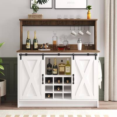 HOMBCK Farmhouse Coffee Bar Cabinet, 47'' Kitchen Bar Cabinet with Sliding Barn Door, Wooden Buffet /Wine Bar Cabinet Or