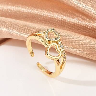 Hollow Double Heart Brass Micro Pave Clear Cubic Zirconia Open Cuff Rings for Women