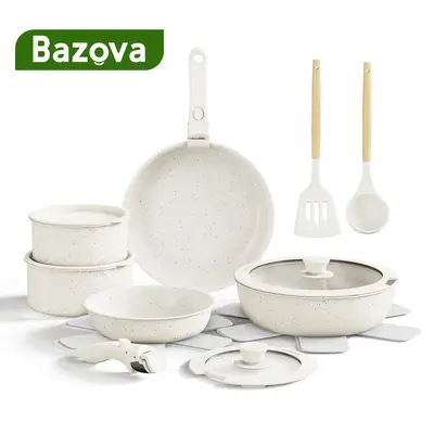 Bazova 17 Pieces Cookware Sets Ceramic Nonstick Pots and Pans Set with Removable Handles, Induction Compatible, Oven & Dishwa...