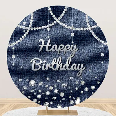Blue Silver Diamond Denim Round Birthday Backdrop