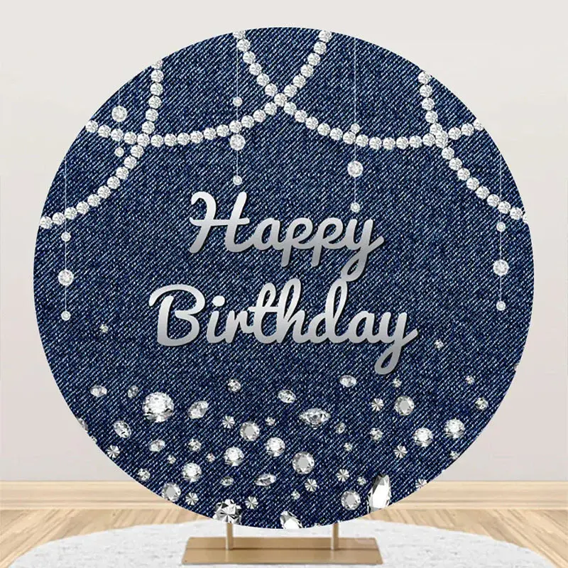 Blue Silver Diamond Denim Round Birthday Backdrop