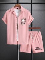 Two-Piece Set Men's Letter & Cross Print Short Sleeve Shirt & Shorts, Regular Fit Casual Fashion Cozy Breathable for Summer, ...