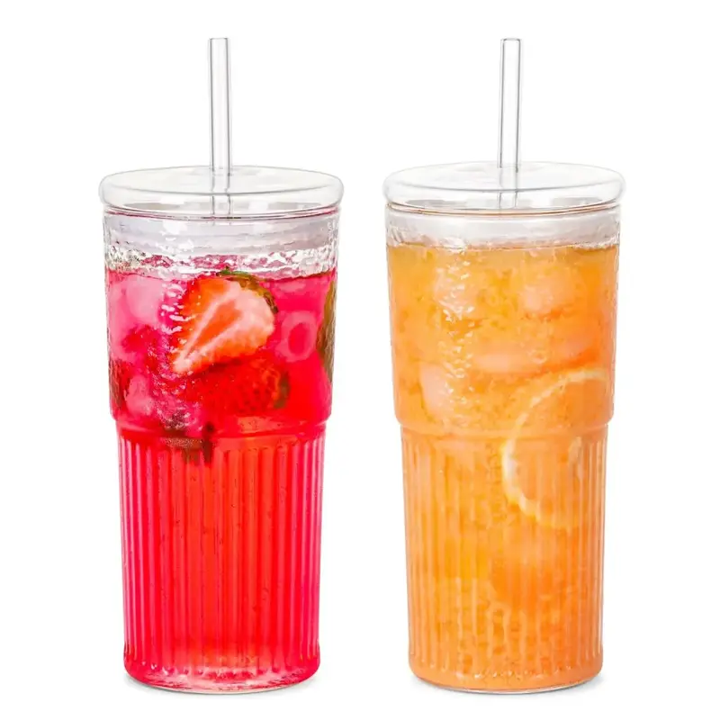 2 Pcs Glass With Lids and Glass Straws,20 OZ High Borosilicate Glass Tumbler Set, Iced Coffee Water Smoothie,Hot/Cold Drinks ...