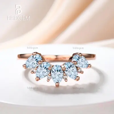 Pear Shape Icy Blue Aquamarine Five Stone Band With Moissanite Diamond Mother Rings