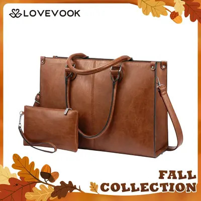 LOVEVOOK Fall Laptop Bag for Women, 15.6-17.3 inch Vegan Leather Laptop Tote Bag Large Capacity Vintage Leather Work Bags for...