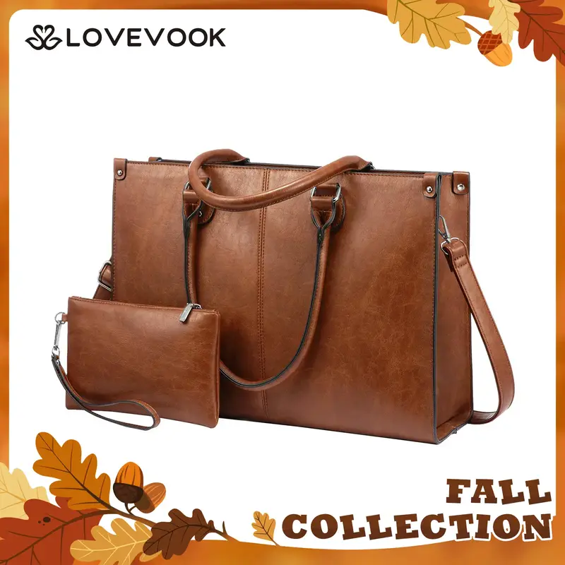 LOVEVOOK Fall Laptop Bag for Women, 15.6-17.3 inch Vegan Leather Laptop Tote Bag Large Capacity Vintage Leather Work Bags for...