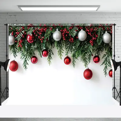 Aperturee Pure White Wall Pine Leaves Bells Christmas Backdrop
