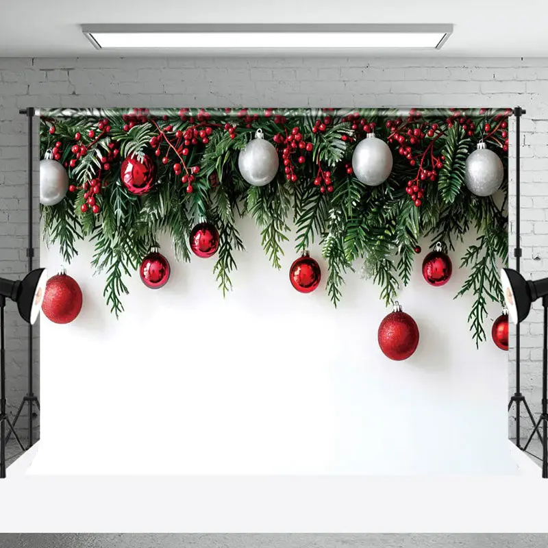 Aperturee Pure White Wall Pine Leaves Bells Christmas Backdrop