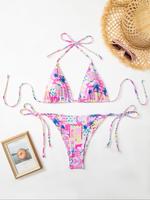 Women's All Over Print Bikini Set, Casual Fashion Chic Swimsuit Set for Beach Holiday Vacation, Ladies Swimwear for All Seaso...