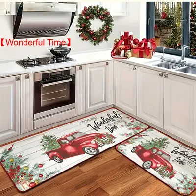 Christmas Themed Kitchen Mat, 2 Counts/set Non-slip Decorative Rug, Holiday Decoration Floor Mat, Home Decor for Kitchen Livi...