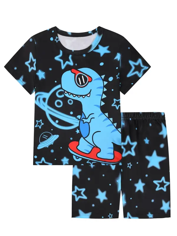 Boy's Cartoon Dinosaur Print Tee & Shorts Loungewear Set, Casual Comfy Round Neck Short Sleeve T-shirt & Shorts Set, Kids...