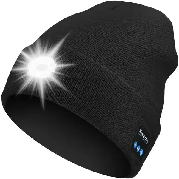 Beanie with LED Headlights & Bluetooth Speakers, USB Rechargeable Knit Warm Winter Hat Balaclava Hat for Music and Calling Sp...