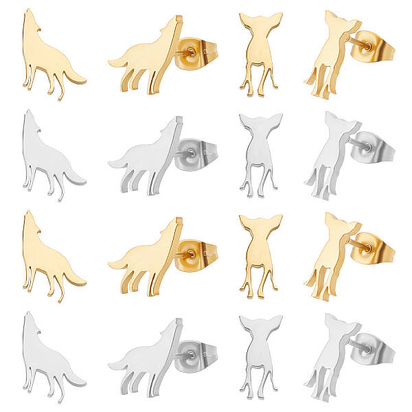 16 Pairs 4 Style Deer & Wolf 304 Stainless Steel Stud Earrings for Women