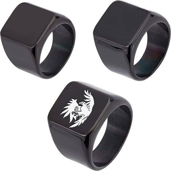 3Pcs 3 Size 304 Stainless Steel Rectangle Signet Finger Rings