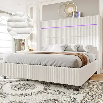 [TikTokShopfalldealsforyou] AMERLIFE Modern LED Bed Frame with Charging Station, Corduroy Upholstered Platform Bed with 60\