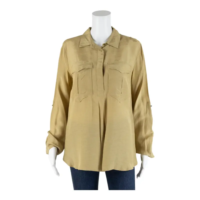 ANN TAYLOR Blouse Gold 90s Collared Viscose Long Sleeve Womens M